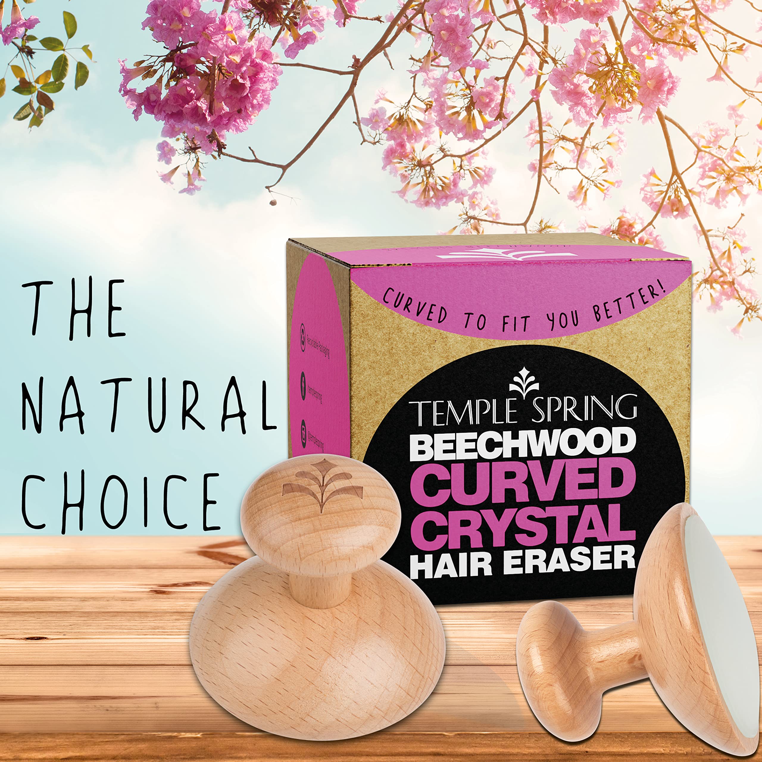 Temple Spring Curved Crystal Hair Remover Stone - Painless Hair Removal for Silky Smooth Legs, Back and Body - Exfoliating Beechwood Stone