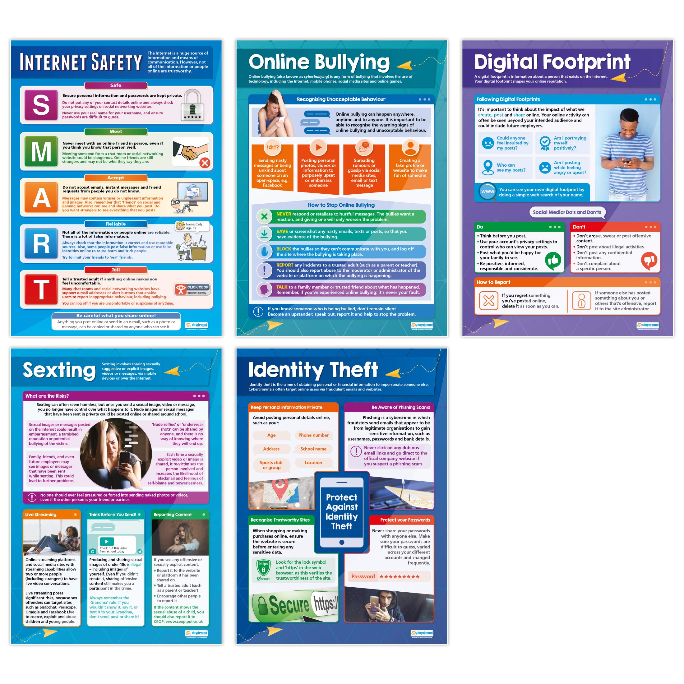 Daydream Education Digital Safety Classroom Posters - Set of 5 - EXTRA LARGE - A1 (850mm x 594mm) - Laminated - Internet Safety Secondary School Wall Charts
