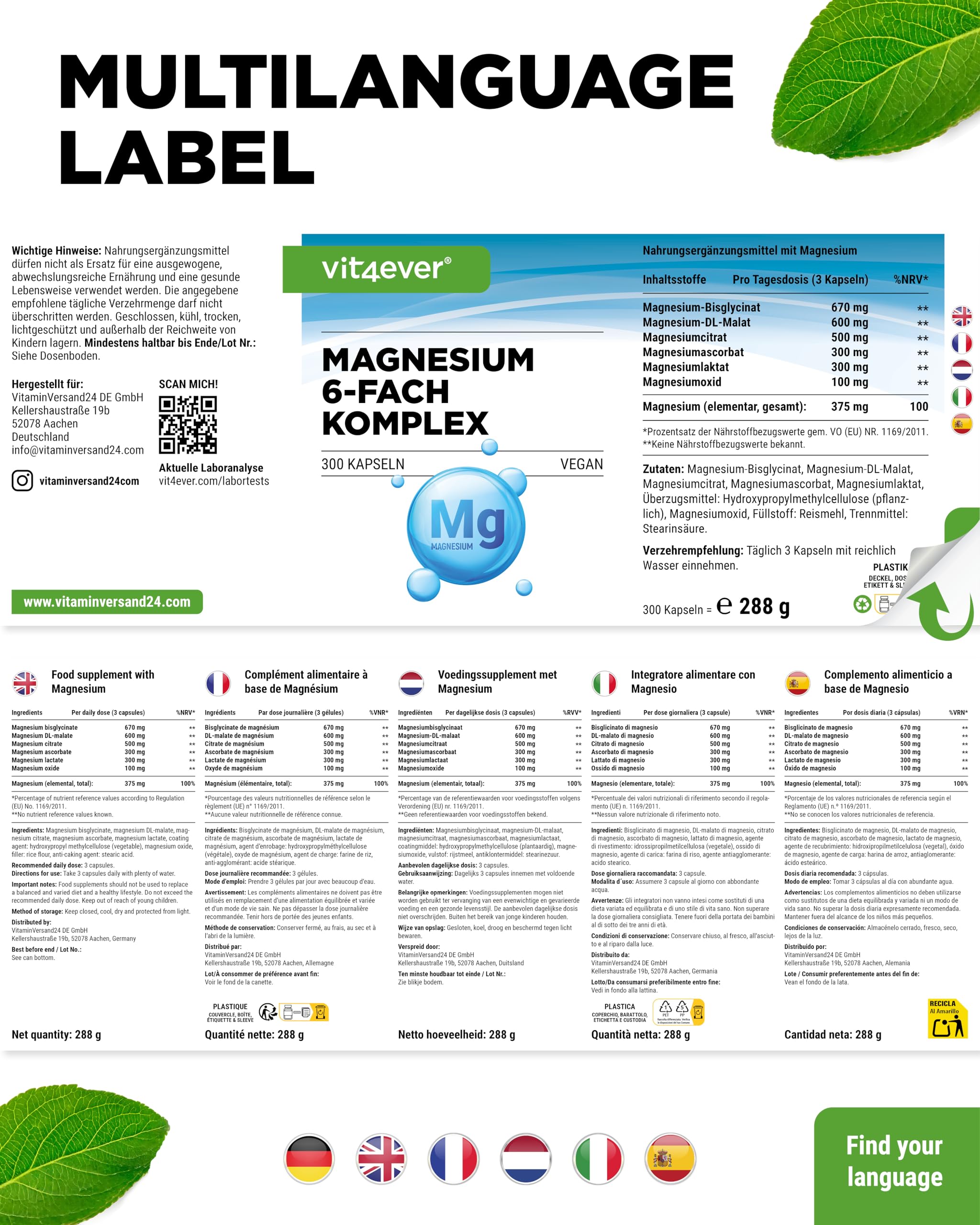 vit4ever Magnesium Komplex hochdosiert 375 mg - 6-fach mit hohem Bisglycinat-Anteil - 300 Kapseln (100 Tage) - mit Citrat, Malat, Ascorbat, Laktat - vegan, ohne unnötige Zusatzstoffe, laborgeprüft 8