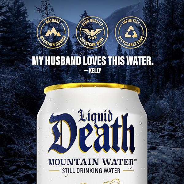 LIQUID DEATH, STILL MOUNTAIN WATER, 12-PACK (12OZ CANS), REAL MOUNTAIN SOURCE, INFINITELY RECYCLABLE ICE-COLD CANS, AMERICAN MADE
