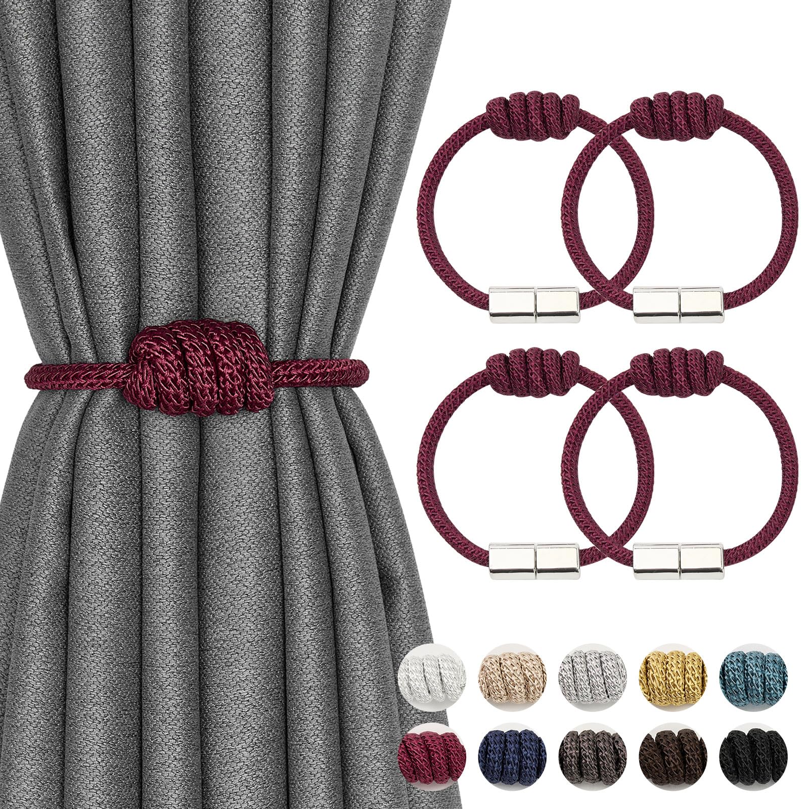Pretty Jolly 4 Pack Mini Magnetic Curtain Tiebacks Modern Simple Style Drape Tie Backs Elegant Hand Weave Rope Knot Decorative Curtain Holdbacks for Home & Office Window Drapery (Wine Red)