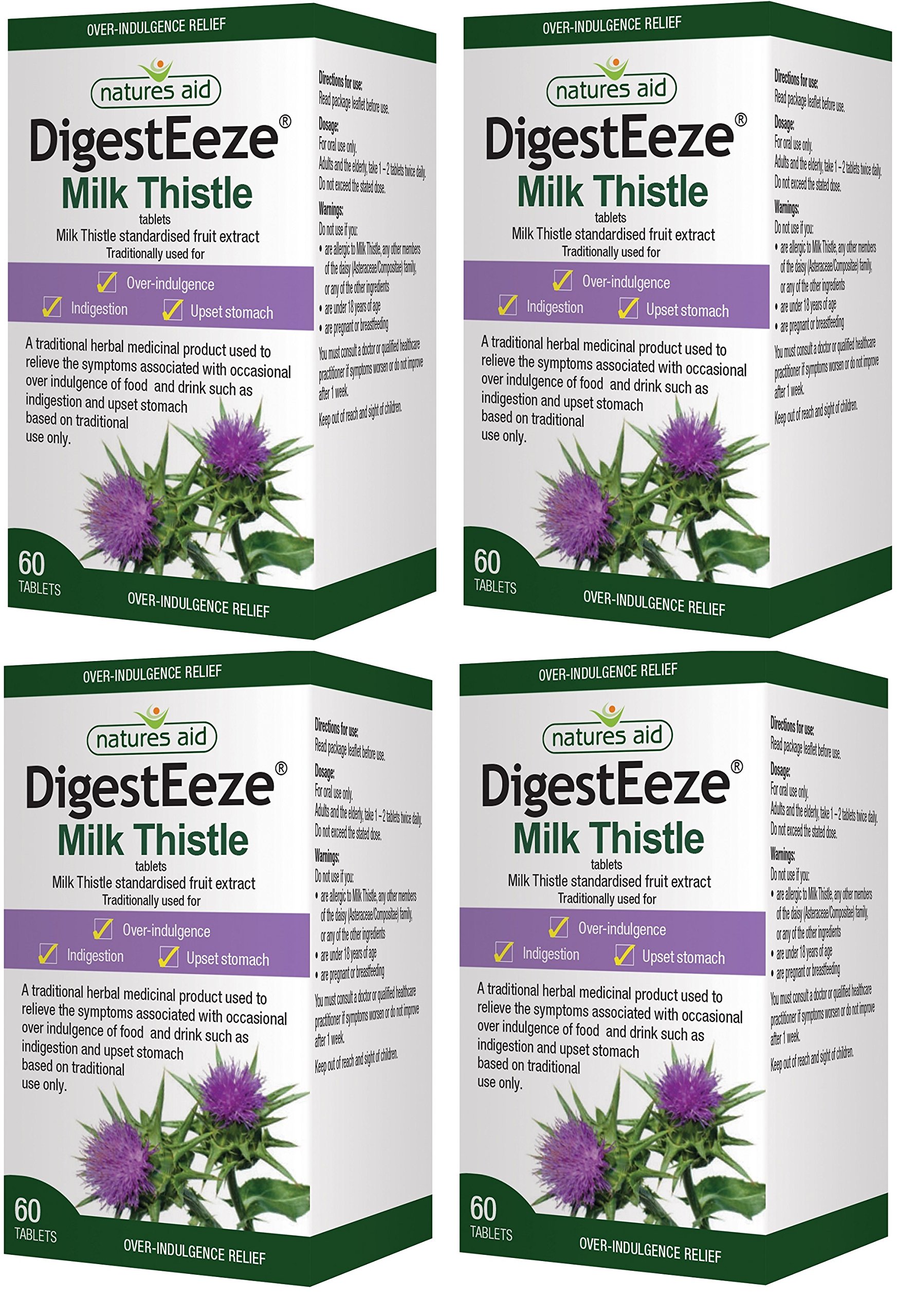 Natures Aid DigestEeze Milk Thistle, 60 Tablets (Relief of Over-Indulgence, Indigestion and Upset Stomach, Equivalent to 2750-6600 mg Milk Thistle, Made in the UK, Vegan Society Approved) (Pack of 4)