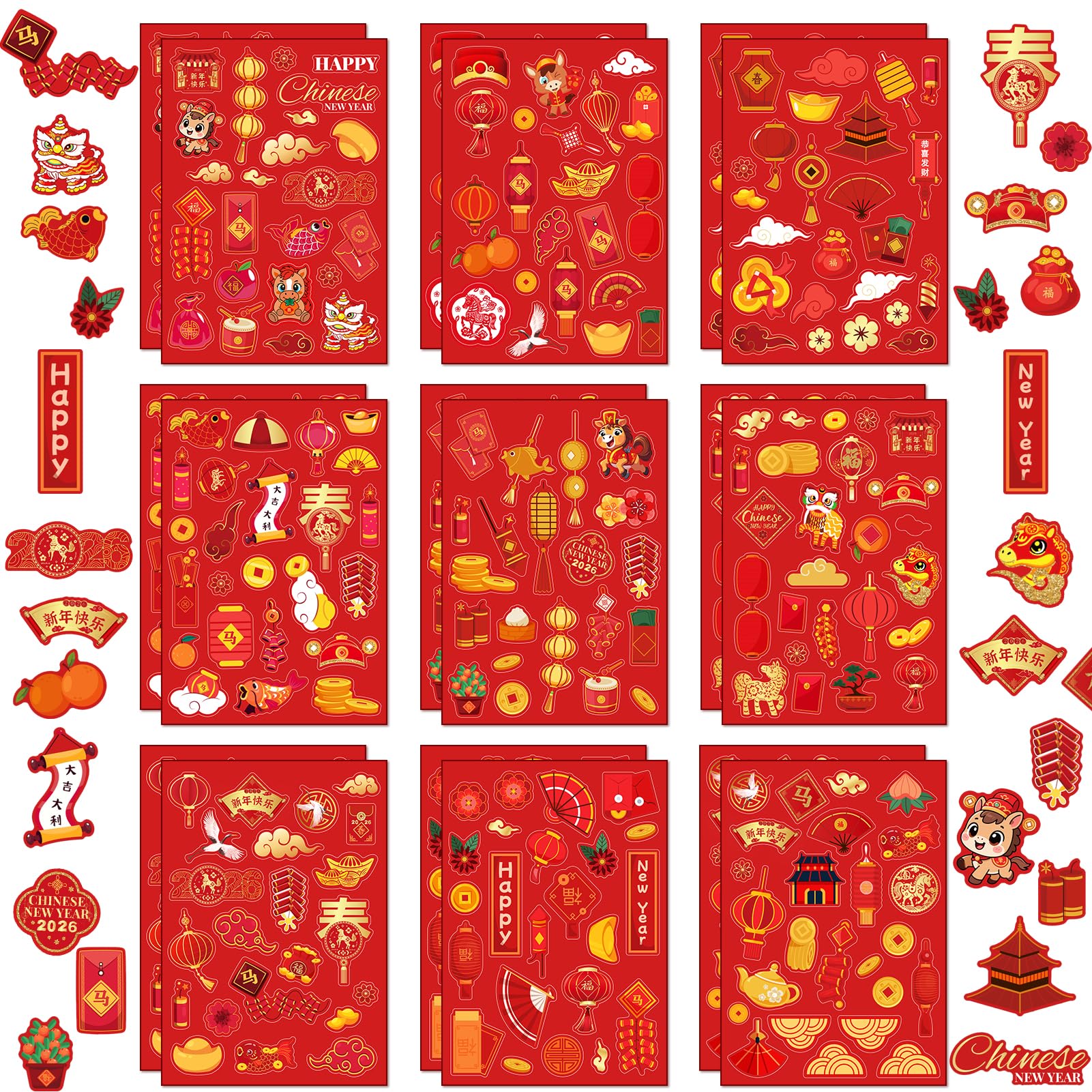 Photo 1 of HOWAF 18 Sheets Happy Chinese New Year Stickers,2026 Year of The Horse Kids Stickers, Spring Festival Red Self Adhesive Stickers with Lanterns Red Envelops for Lunar New Year