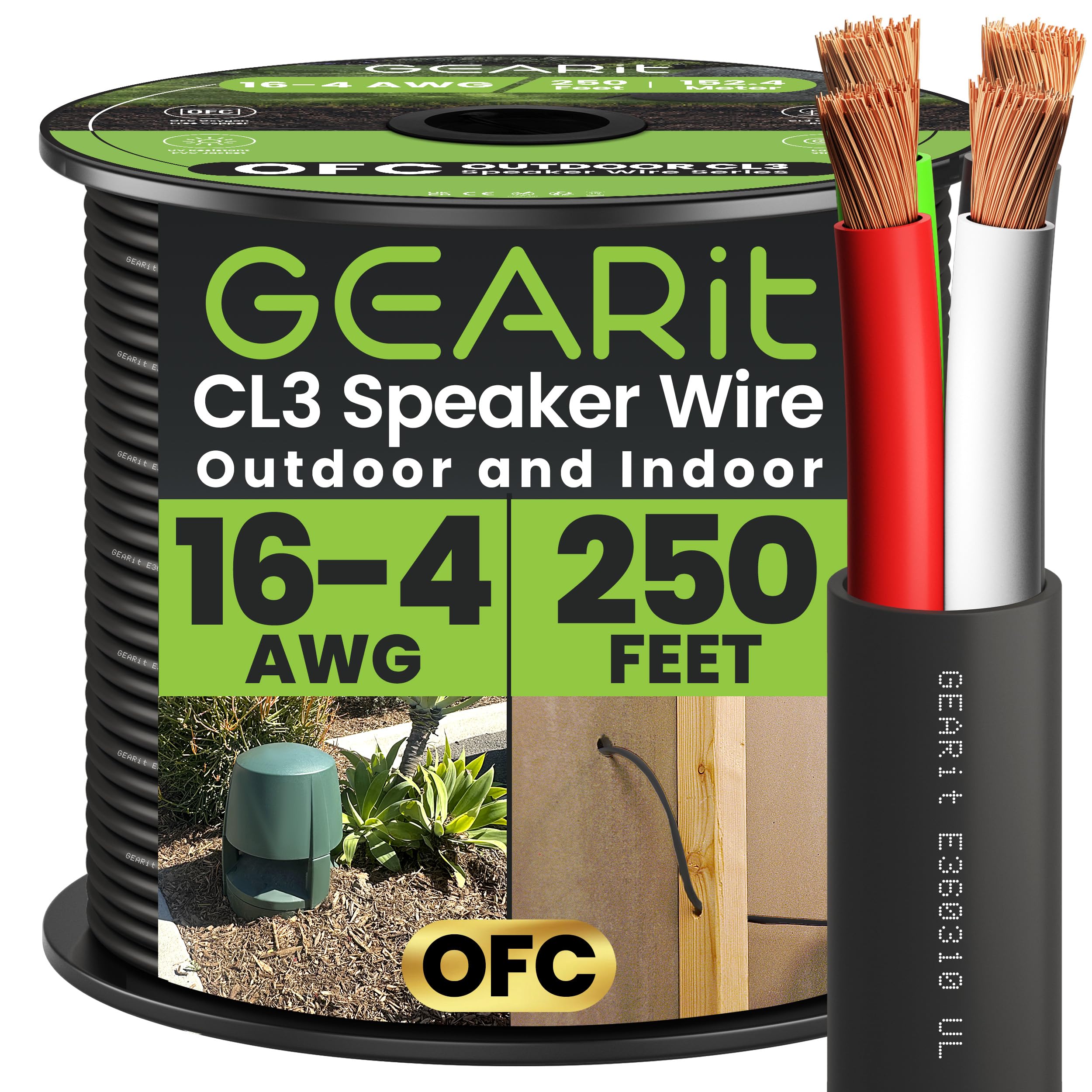 GearIT 16/4 Speaker Wire (250 Feet) 16AWG Gauge, Black 4-Conductors/Outdoor Direct Burial in Ground/in Wall / CL3 CL2 Rated - OFC Oxygen-Free Copper, Black 250ft