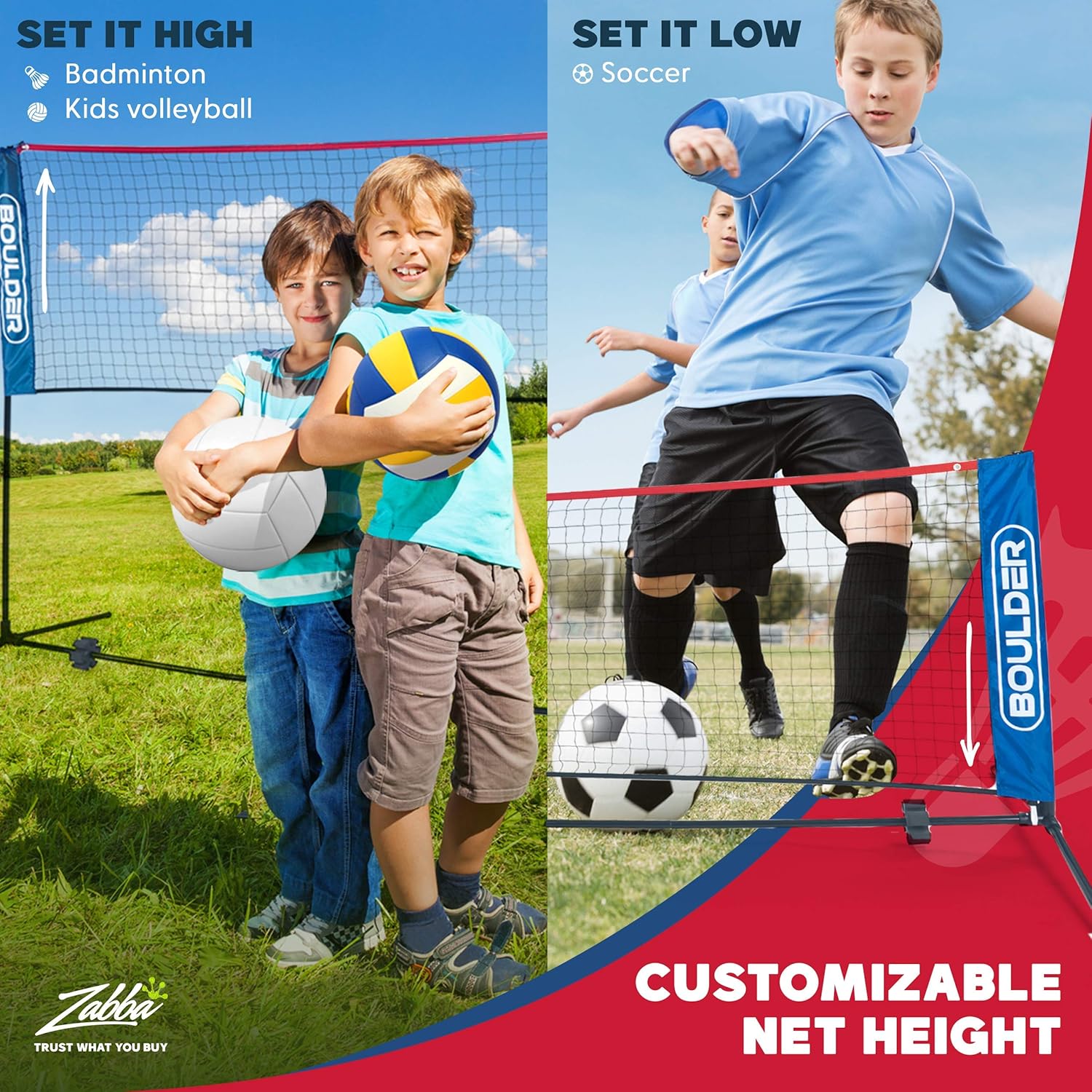 Boulder Portable Badminton Net Set - for Tennis, Soccer Tennis, Pickleball, Kids Volleyball - Easy Setup Nylon Sports Net with Poles : Sports & Outdoors