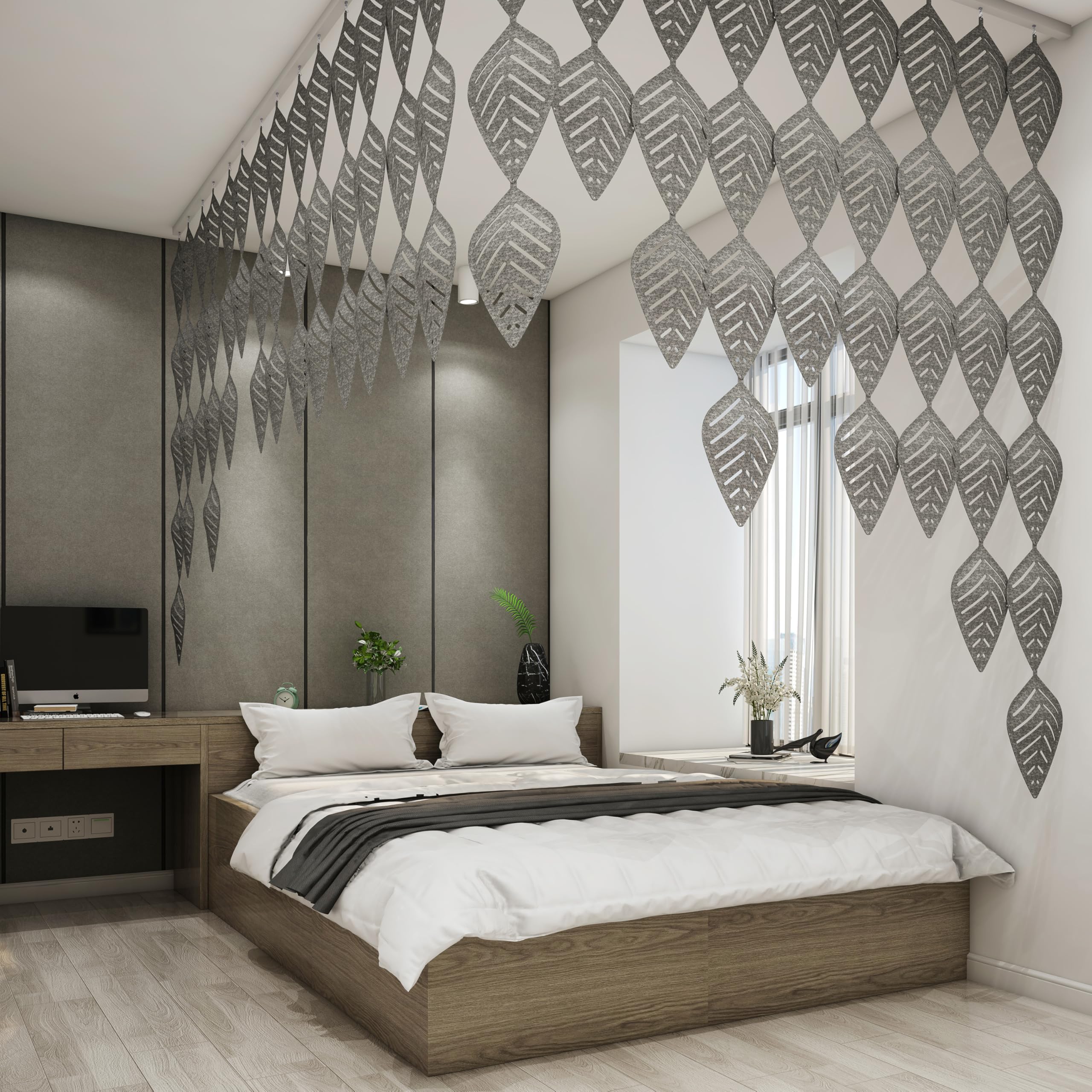 Photo 1 of 3D Leafs 12Pcs/Set 16.53"x10.24" Felt Fiber Surface High Density Polyester Board Room Hanging Screen Divider Home Panel DIY Home Decor (Silvery)