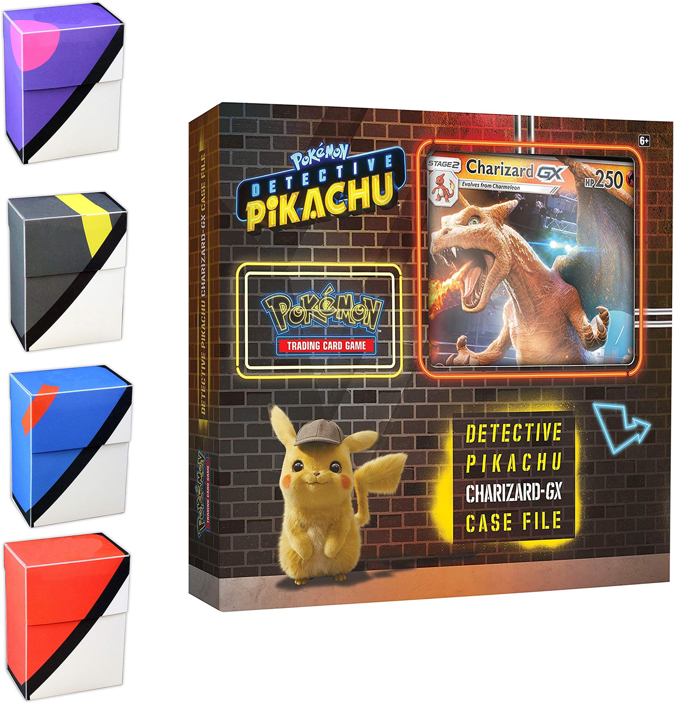 Pokemon TCG: Detective Pikachu Charizard GX Case File + 6 Booster Pack + Foil Promo Card + Foil Oversize Card + 1 Assorted Pokeball Inspired Deck Box: Pokeball, Great Ball, Ultra Ball, or Master Ball