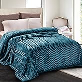 Whale Flotilla Flannel Fleece King Size Bed Blanket, Lightweight Breathable Soft Bedspread Plush Fluffy Coverlet Chevron Design Decorative Blanket for All Season, 90x104 Inch, Teal