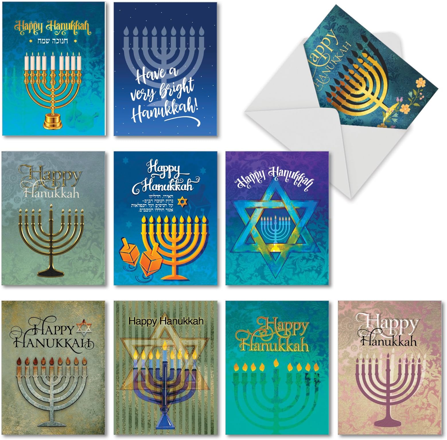 The Best Card Company - 10 Hanukkah Note Cards with Envelopes (4 x 5.12 Inch) - Religious Jewish Holiday, Boxed Notecard Assortment - Hanukkah Lights AM6140HKG-B1x10