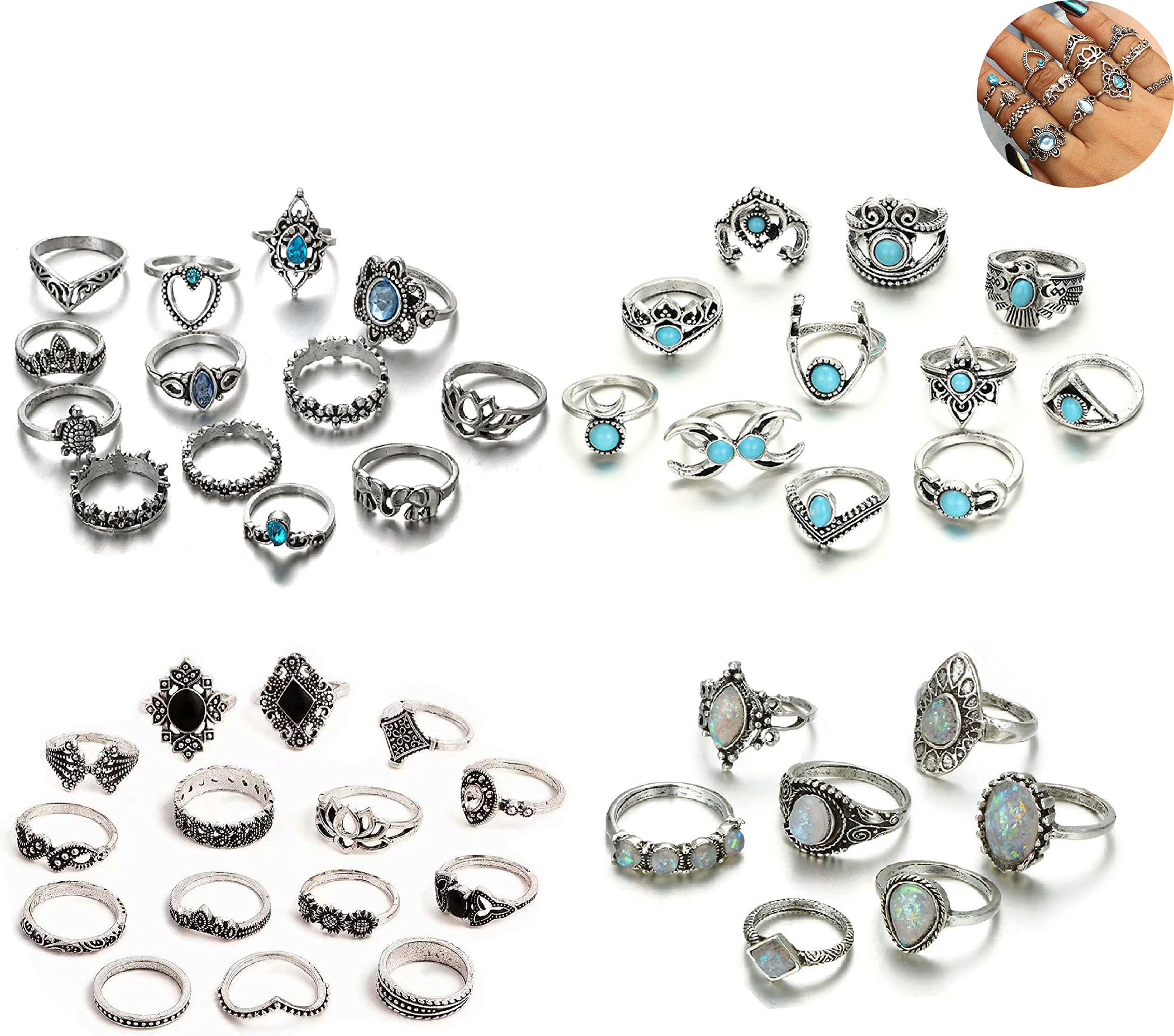 Vintage Bohemian Rings Sets,Personality Ring jewelry,Fashion Openwork Lotus Crown Diamond Heart Elephant Ring,Finger Knuckle Ring Set for Women Girls (4 Sets 46Pcs)