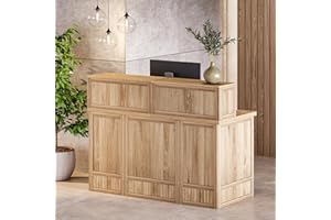LITTLE TREE 57-inch Reception Desk with Counter,Boho Front Desk Receptionist Desk, Modern Welcome Desk Checkout Counter for Office, Retail, Lobby,Salon,Oak