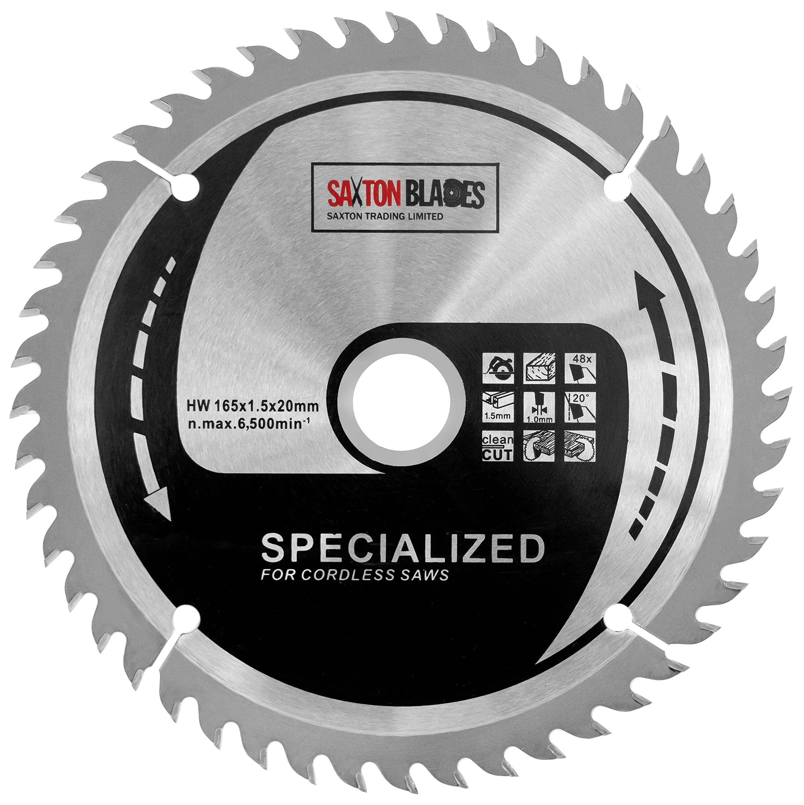 TCT16548T Saxton 165mm x 48t TCT Thin Kerf Cordless Circular Saw Blade Compatible With Dewalt Makita Ryobi Bosch