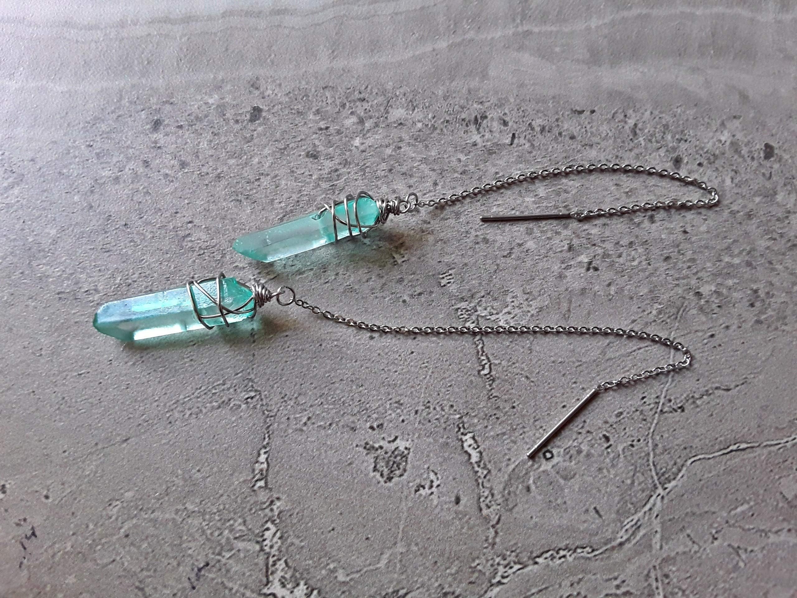 Colorful Quartz Wire Wrapped Boho and Modern Style Hoop Earrings (Copper and Bronze Modern Boho Hoop, Aqua Geode)