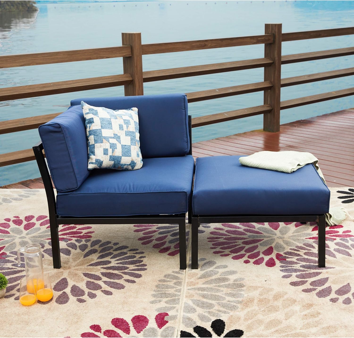 LOKATSE HOME 2 Piece Patio Sectional Furniture Set Outdoor Armchair Corner Sofa with Ottoman, 2Pcs-1, Blue Cushions : Garden & Outdoor