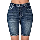 roswear Women's High Waisted Bermuda Shorts Stretchy Knee Length Jean Shorts