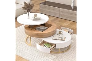 FLIEKS Modern Round Lift-top Nesting Coffee Tables with 2 Drawers White & Natural