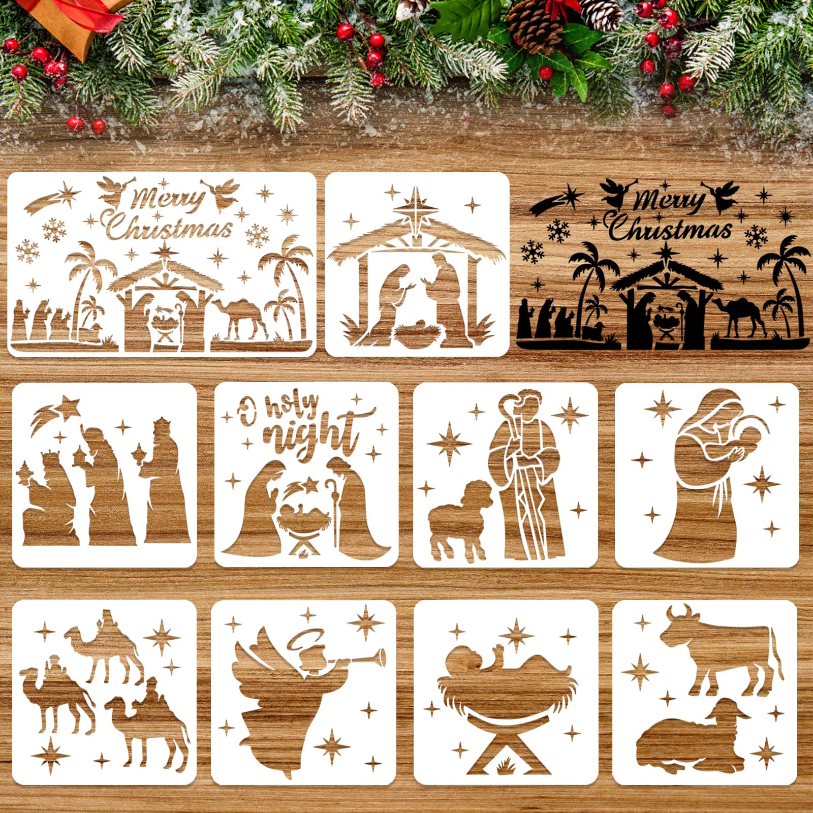 HOWAF 10PCS Nativity Set Stencil, Merry Christmas Stencils for Crafts Plastic Reusable Christmas Window Stencils for Snow Spray Nativity Scene for DIY Painting Windows Wall Xmas Decorations