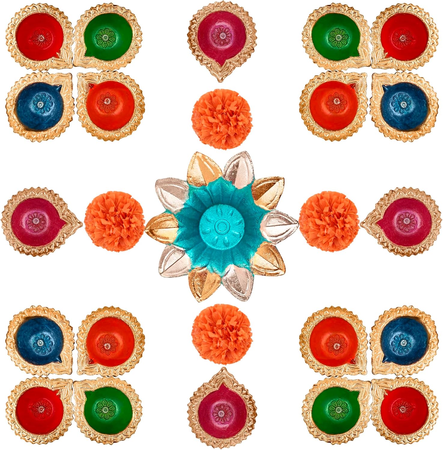 Oil Lamps & Accessories - SATVIK 21Pc (20+1) Designer Multicolor Clay Diya Earthen Diya Terracotta Dia Traditional Puja Vilakku Oil Lamp Natural Mitti Welcome Diwali Deepawali Pooja Decor Indian Housewarming Gift Items