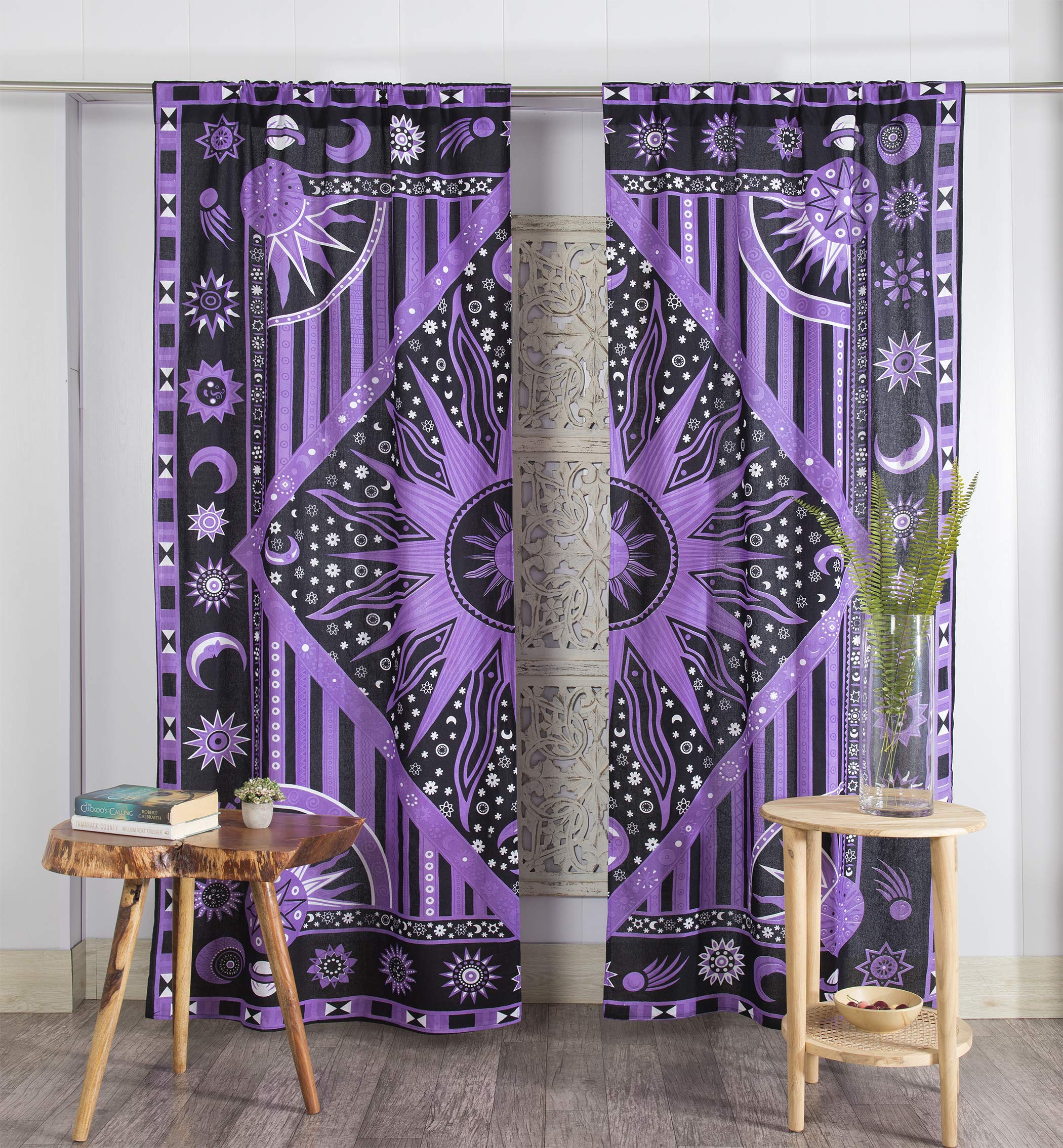 Popular Handicrafts Indian Burning Sun Hippie Mandala Window Curtains - Gypsy Bohemian Sun Moon Beautiful Drapery Bedroom Living Room Balcony Valance Panels Purple