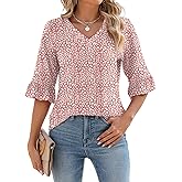 LOMON 3/4 Length Sleeve Womens Tops Summer V-Neck Blouses Spring Ruffle Sleeve Tunic T-Shirts Dressy Casual