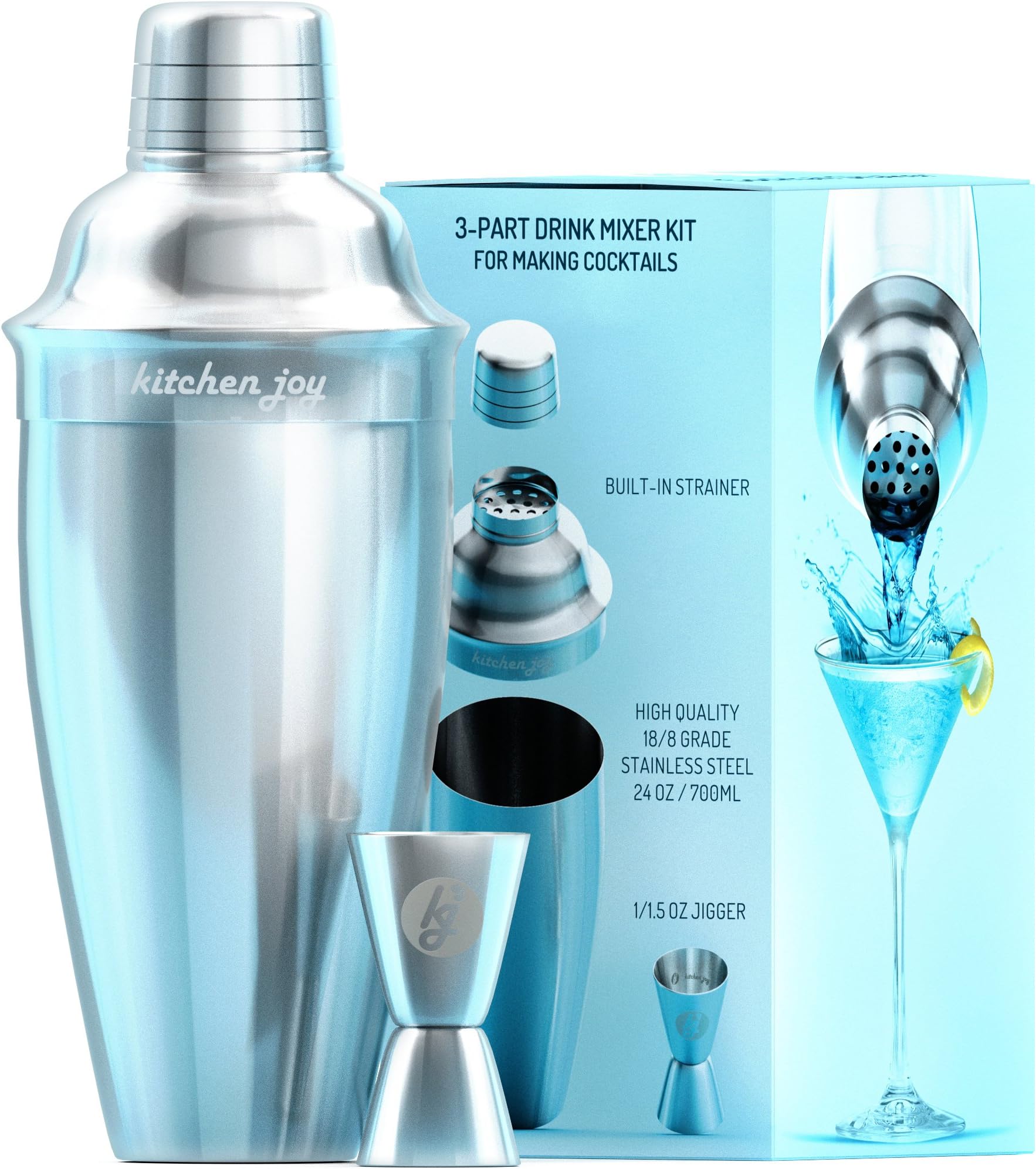Kitchen Joy Cocktail Shaker Bar Set, Bundle with Jigger and Built-In Strainer 24 Ounce and Cocktails Recipes eBook