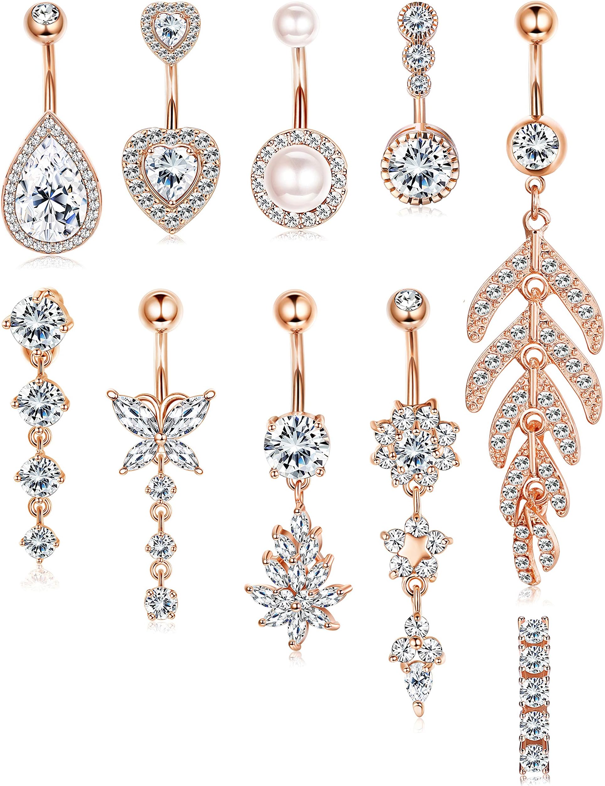 Belly Button Rings for Women 14G Stainless Steel CZ Pearl Dangle Navel Belly Ring Set