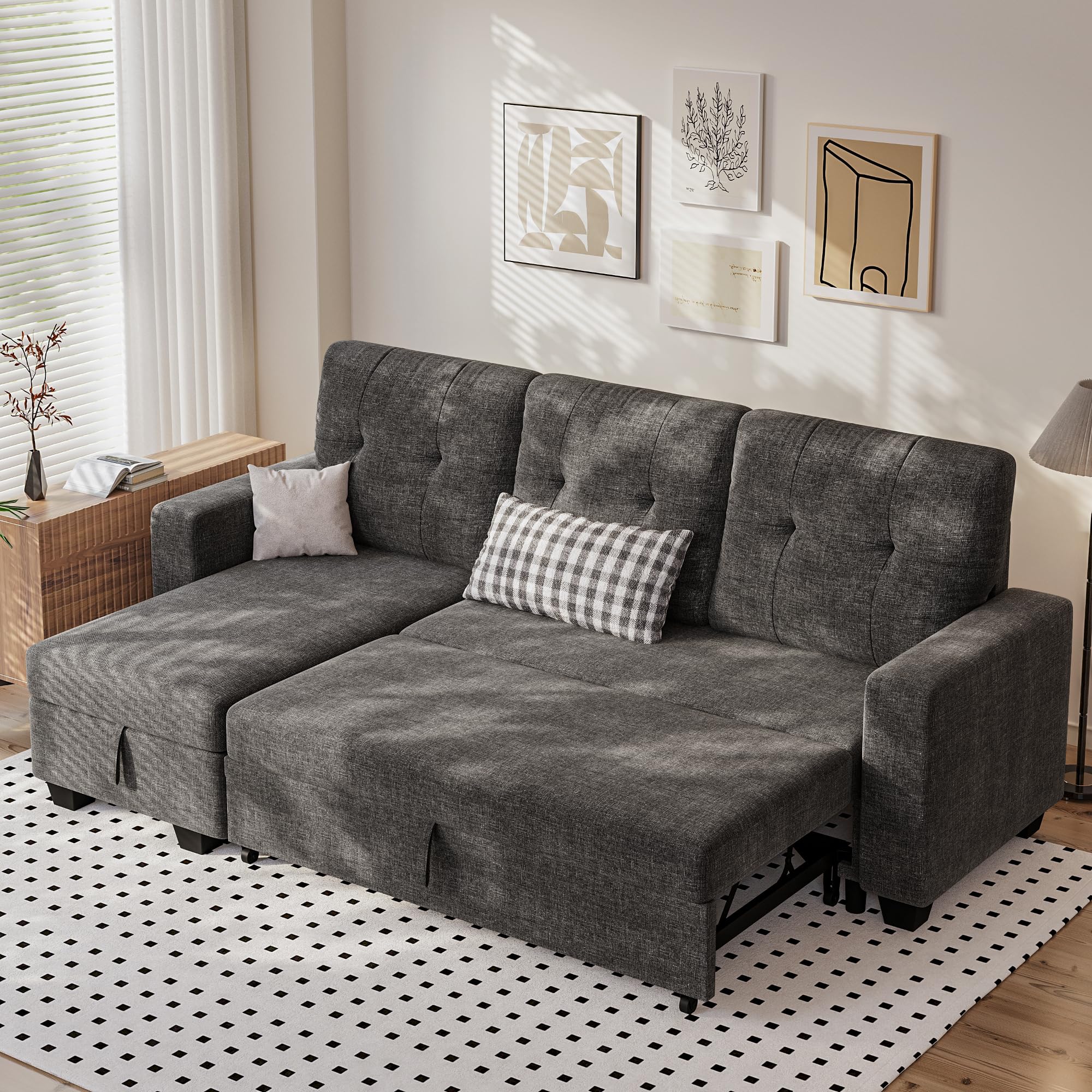 Photo 1 of Homall Sleeper Sofa Bed, Couch with Pullout Bed and Reversible Storage Chaise, L Shaped Sofas for Apartment, Small Space (Linen Fabric, Dark Grey)