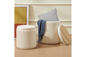 Chilihom Round Ottoman with Storage Set of 2 Upholstered Velvet Vanity Stool for Makeup Lines Support 300lbs Ottomans Multifunctional Foot Rest Coffee Table Padded Seat for Living Room&Bedroom-Beige