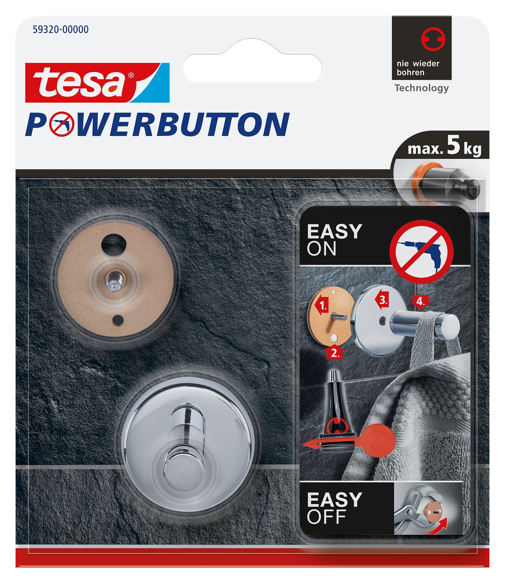 tesa Powerbutton Universal Self-Adhesive Hook - Round Chrome-Plated Metal Hook - Bathroom Towel Holder - Max Load 5 kg - Shiny Silver