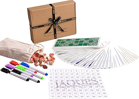 Jaques of London Bingo - Bingo Spiele Set - Bingo Karten mit Bingo Balls / Counters - komplett mit Draw Bag
