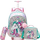 Meetbelify Cute Unicorn Rolling Backpack for Girls Backpack with Wheels for Elementary Student Kids Travel Luggage with Lunch Box Pencil Case for Girls Ages 6-8 Years Old