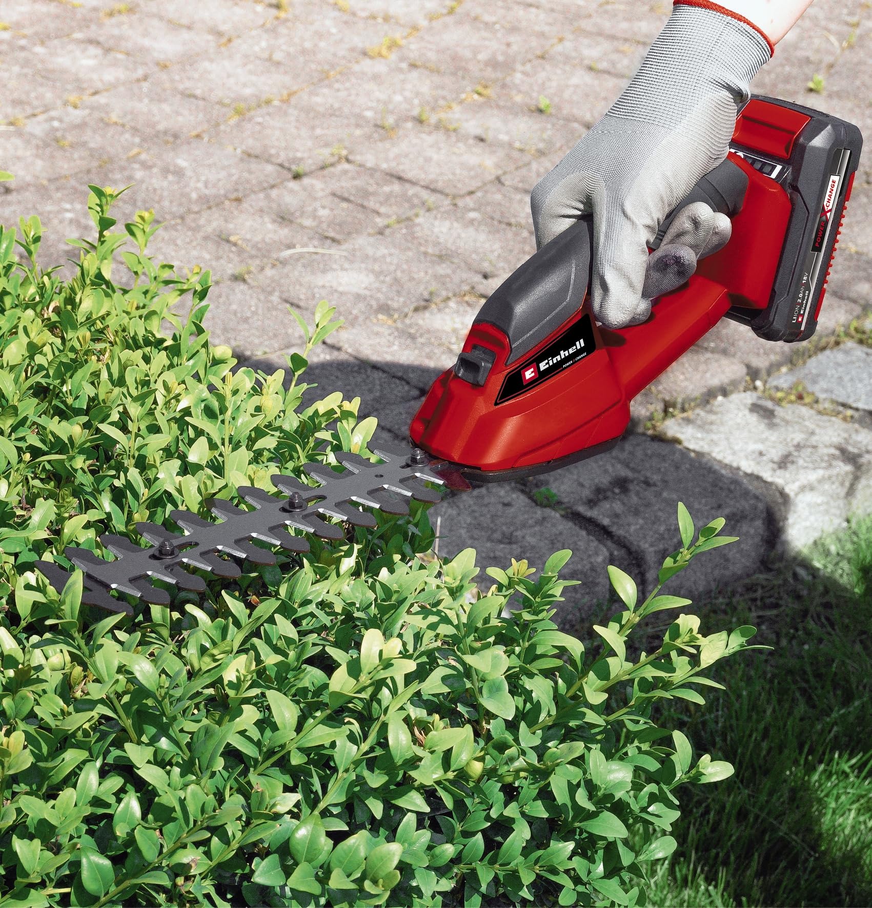 Einhell Akku-Gras- und Strauchschere GC-CG 18 Li-Solo Power X-Change (18 V, 100 mm / 200 mm Schnittlänge, wechselbares Grasschneideblatt + Strauchmesser, ohne Akku) 4