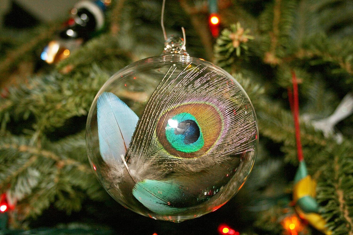 Hand Blown Glass Christmas Ornament Feather Ball Handmade