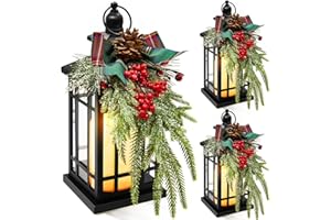ROCEEI 3 Set Christmas Decorative Lantern Porch Decorations with LED Flickering Flameless Candle 14 Inch Vintage Hanging Lantern Xmas Centerpieces for Tables Indoor Outdoor Decor (Vintage Style)