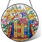 MORDMODUCK Book Lovers Gifts Stained Glass Window Hanging, Flower Book Lovers Suncatcher, Bookish Gifts, Reading Room Decor Sun Catchers Indoor Window Round Glass Wall Hanging Decorations, 7.9x7.9in