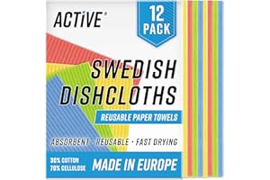 Swedish Dish Cloths for Kitchen - ACTIVE 12 Pack Cellulose Sponge Cloth, Washable Dishcloths for Washing Dishes, Original Eur