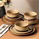 TheTerra Ceramic Dinnerware Set for 4, 12-Piece Plates and Bowls Set | Handmade Reactive Glaze Dish Set, Scratch Resistant, Oven &amp; Microwave &amp; Dishwasher Safe, Creamy Amber