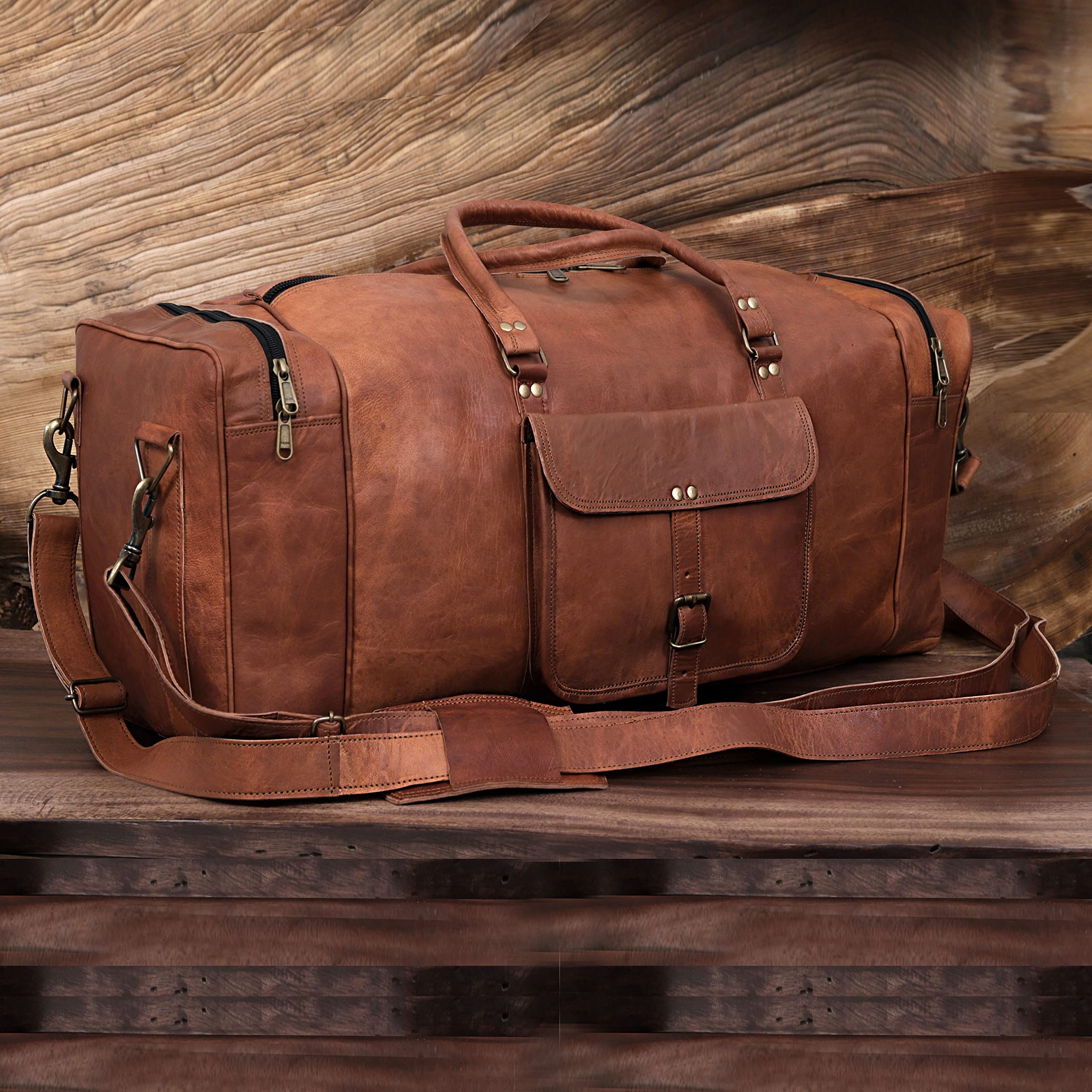 Dhk Devil Hunter Killer KK's Vintage Leather Duffel Bag, Handcrafted, Stylish & Durable, Ideal for Gym, Travel, Genuine Leather Travel Bag, Brass Rivets & Zippers Size 28