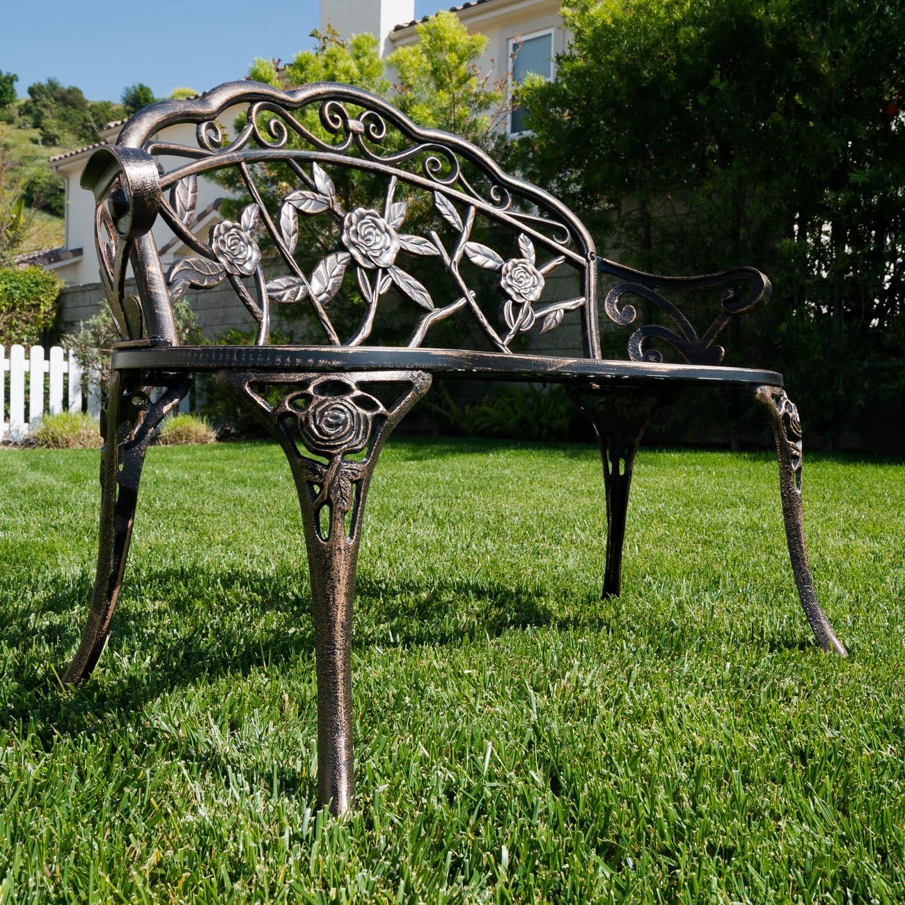 BELLEZE Antique Designed Rose Style Outdoor Patio Park Garden Bench Bronze Love Seat Cast Iron Backyard Porch Home Pool : Garden & Outdoor
