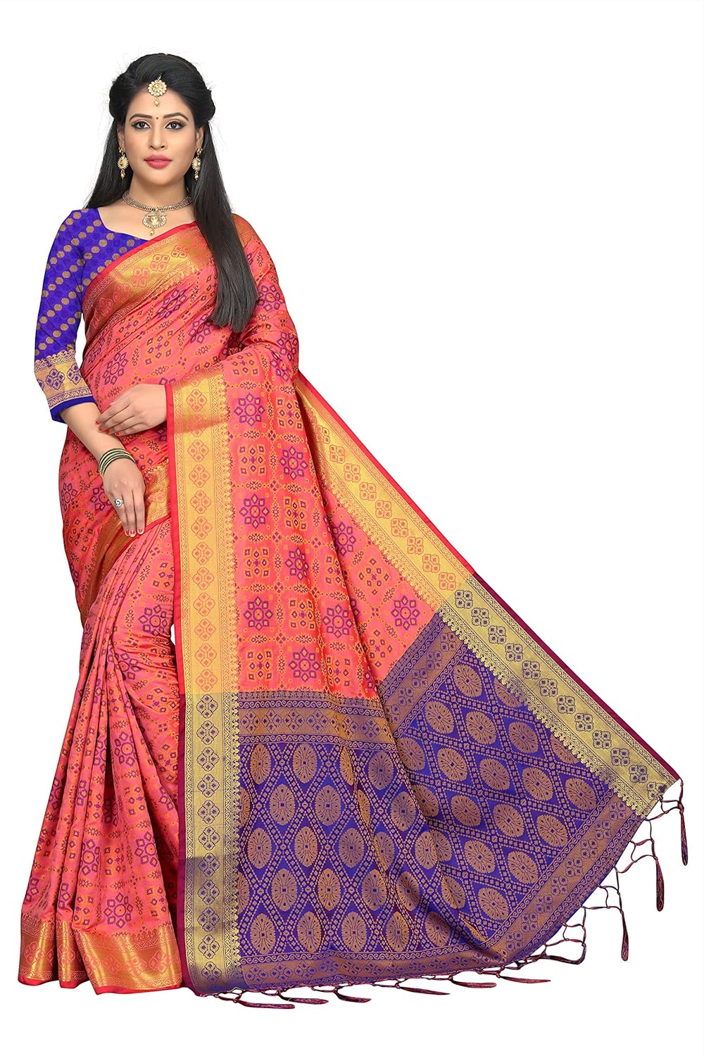 fabrica fab women's pink and blue patola silk saree with blouse piece