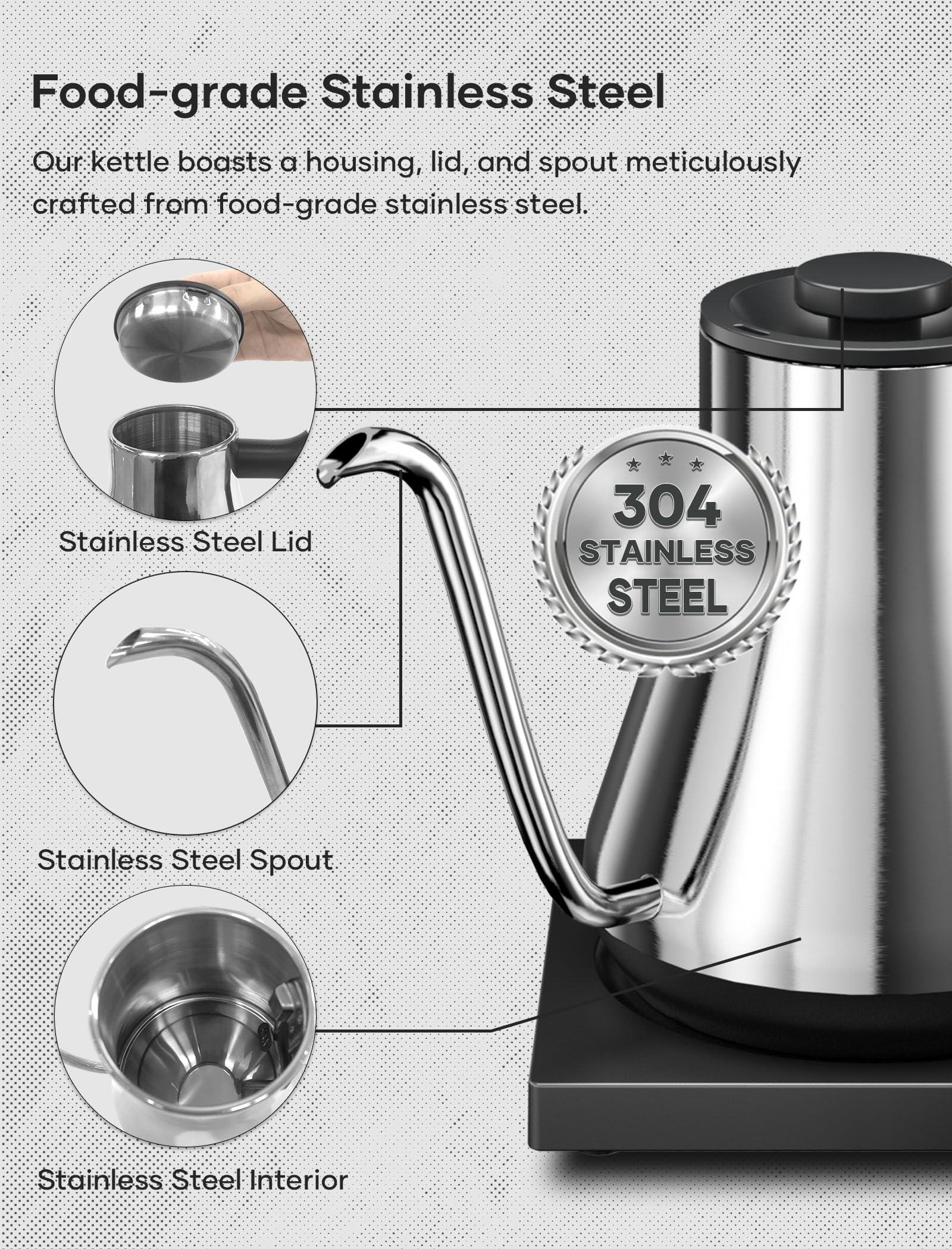 Gooseneck Electric Kettle, Offacy Gooseneck Kettle with 100% Food Grade 304 Stainless Steel, Pour Over Kettle & Coffee Kettle, Tea Kettle 1200 Watt Quick Heating, 0.9L, Siver - Image 2