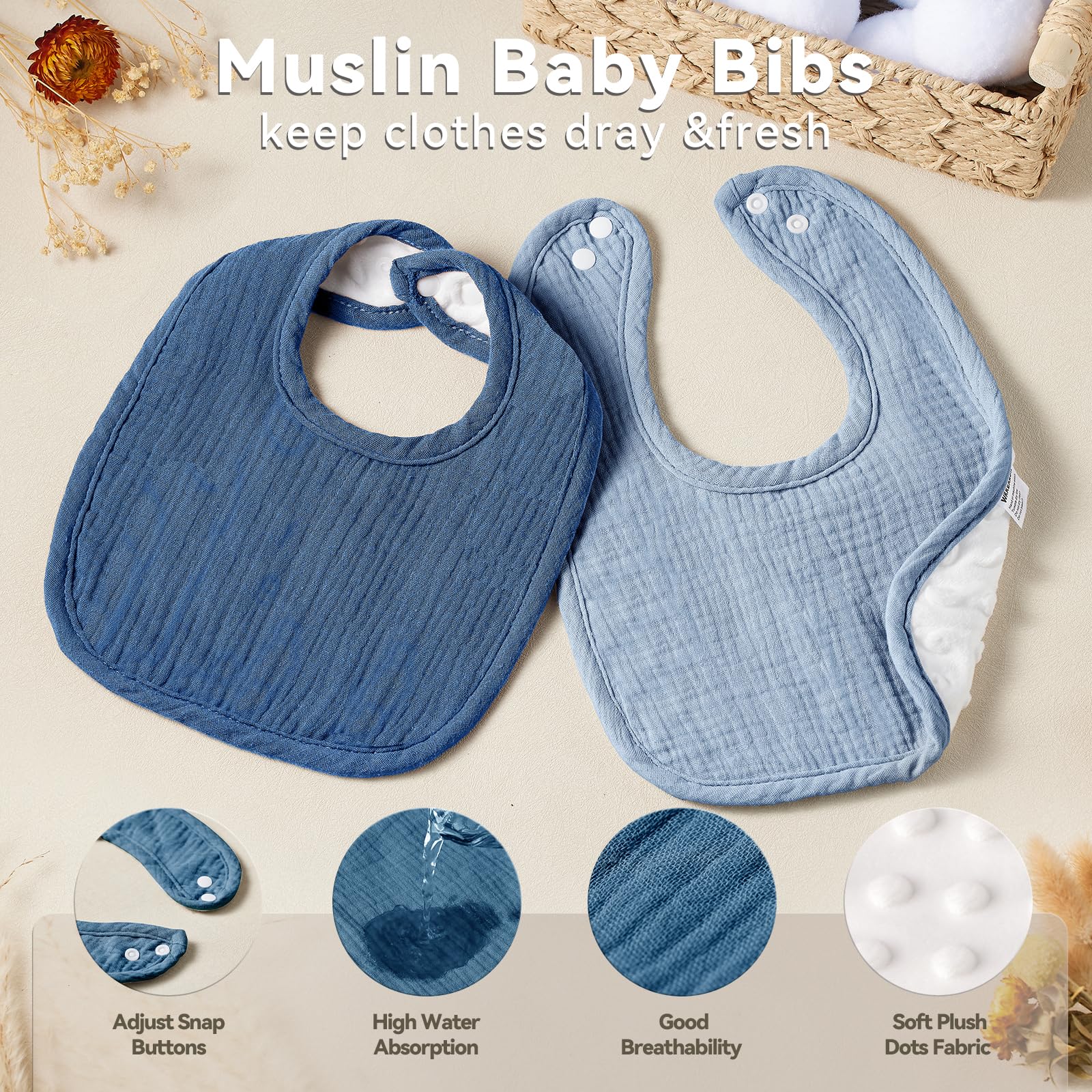 Muslin Baby Bibs for Unisex Boys Girls, Cotton Drool Bibs, Adjustable Newborn Bibs for Drooling and Teething