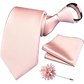 Branduce 3.15"（8cm） Pre-tied Adjustable Zipper Tie and Lapel Pin Solid Necktie Handkerchief Set for Men