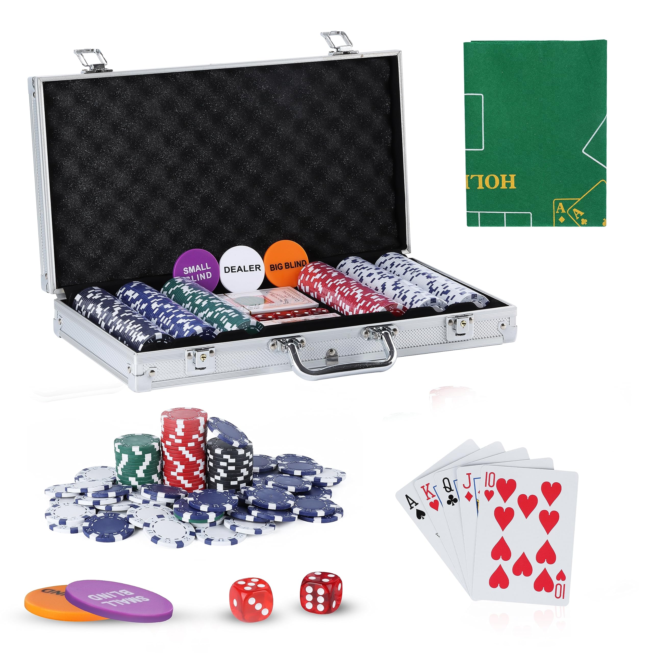 JUNGLE STONE Texas Holdem Poker Set, 300 Piece Set in Aluminium Case with 11.5g Heavyweight Chips, 1 double-sided reversible Flet Mat, 2 Decks Playing Cards, 5 Dice, Dealer, Big Small Blind Button