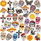 DTOFOOT 36Pcs Sugar Skull Pins Acrylic Day of the Dead Lapel Buttons | Dia De Los Muertos Flower Skull Brooch Pins, Holiday Clothes Backpack Hat Jacket Jewelry Decoration, Fiesta Party Supplies