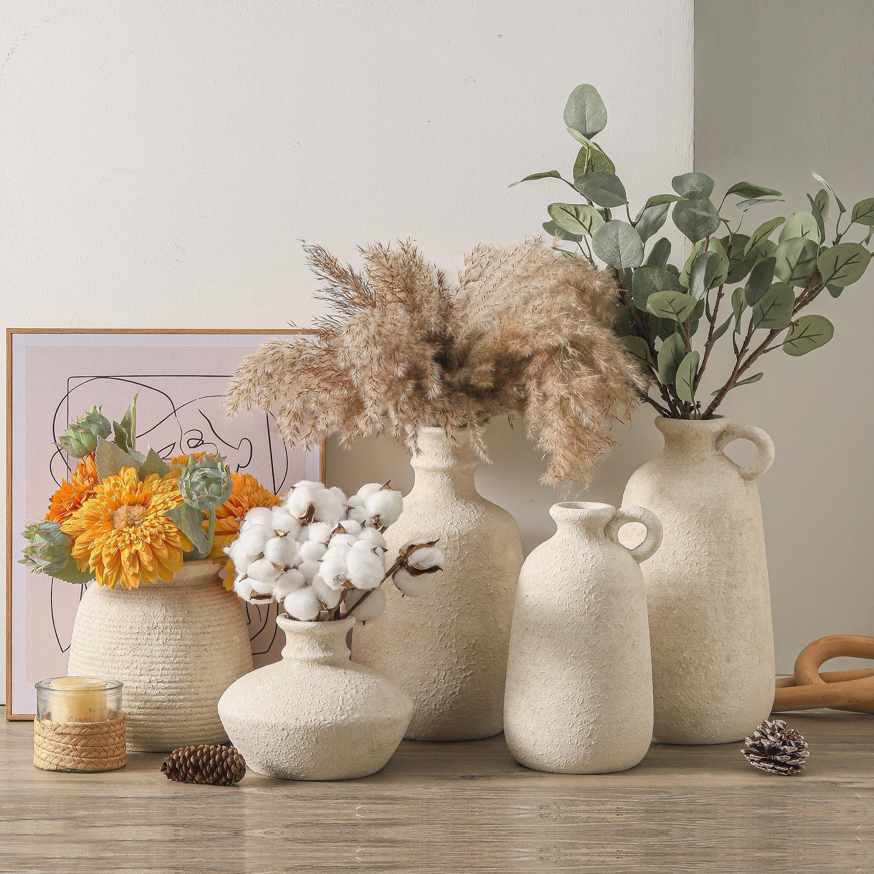 OOIT Ceramic Rustic Farmhouse Vase, 7.48 Inch Pampas Vase Decorative Pottery Flower Vase Boho Vase for Home Decor Shelf Decor Bookshelf Mantle Entryway Living Room Table Decor - Image 7