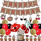 Holkcog Cheetah and Cherry Birthday Decorations, Leopard Happy Birthday Banner, Red Black and Cheetah Print Balloons, Cherry cupcake topper, red Leopard pattern party supply for Girls Women