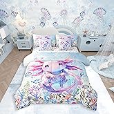Feelyou Boys Girls Cute Axolotl Comforter Set with Sheets Twin Size, Ocean Sealife 7 Pieces Bedding Sets Kids Kawaii Bed in A Bag Cartoon Salamander Bed Set