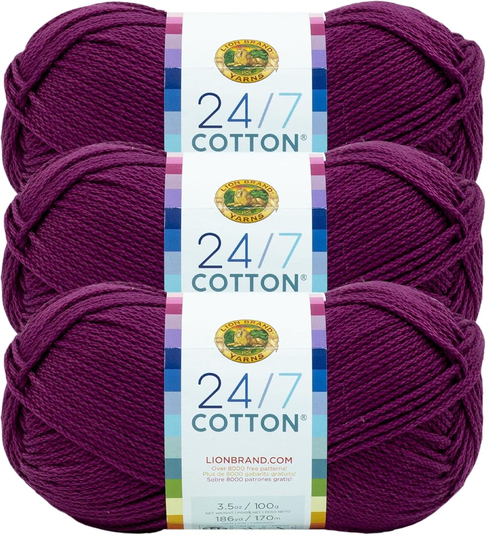 Lion Brand 24/7 Cotton Yarn Beets 3 Pack 100% Mercerized Cotton