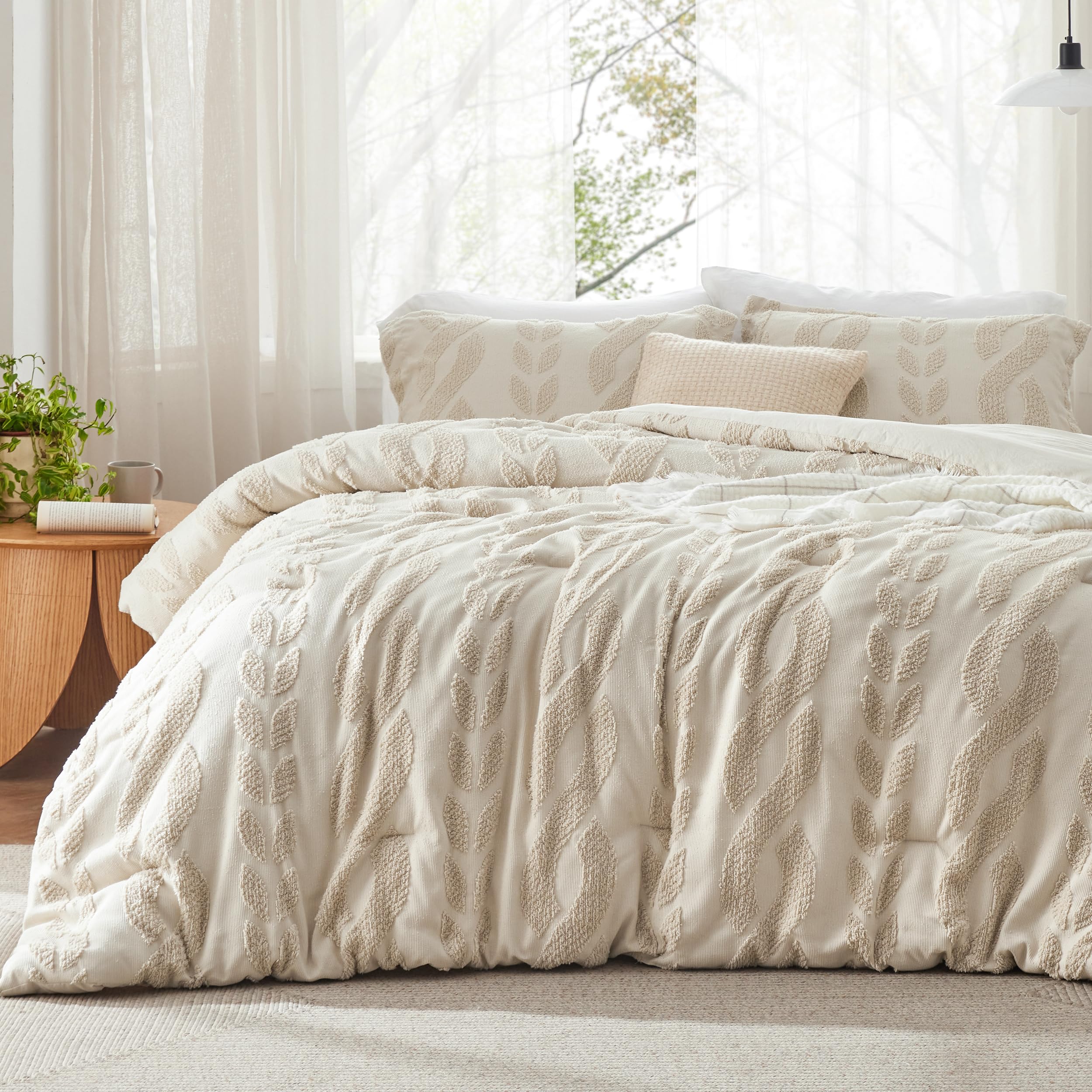 Bedsure Full Size Comforter Set Beige, Boho Tufted